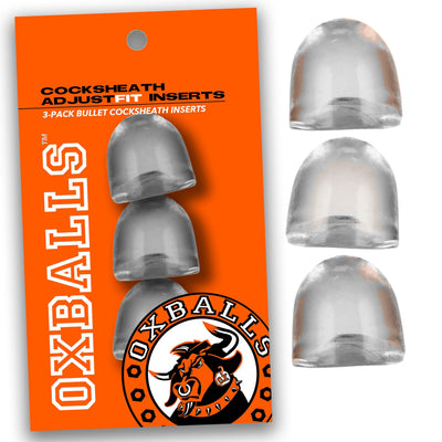 Clear bullet-shaped cocksheath adjustfit inserts in a pack of three on bright orange Oxballs branded packaging.
