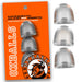 Clear bullet-shaped cocksheath adjustfit inserts in a pack of three on bright orange Oxballs branded packaging.