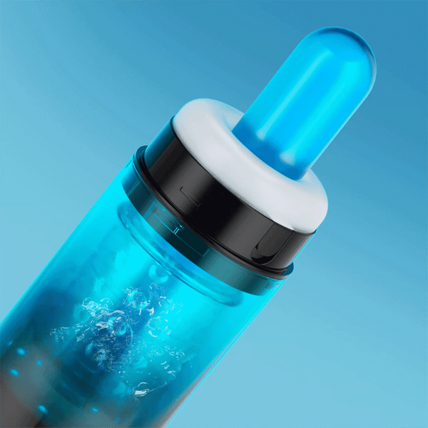 Close-up of the Adrian Waterproof Male Masturbator showing its blue translucent body with water bubbles inside and a soft silicone opening.