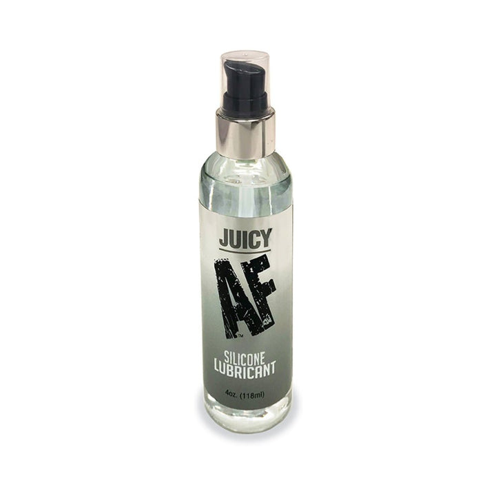 Clear 4oz bottle of Juicy AF silicone lubricant with black pump dispenser and silver label detailing.