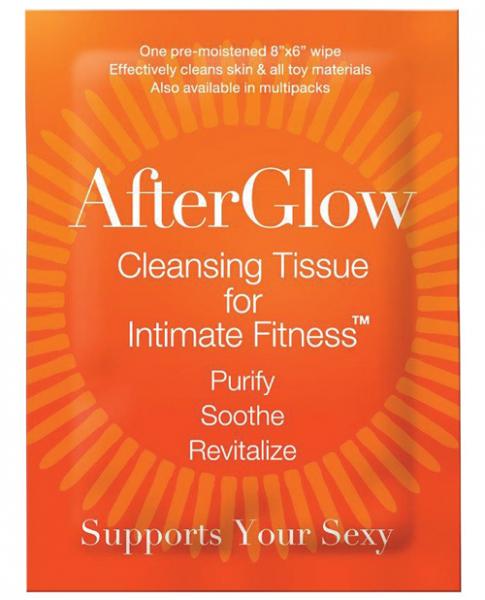 AfterGlow orange packet of cleansing tissues for intimate fitness, purify soothe and revitalize skin, 8x6 inch pre-moistened wipe