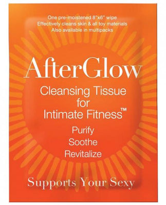 AfterGlow orange packet of cleansing tissues for intimate fitness, purify soothe and revitalize skin, 8x6 inch pre-moistened wipe