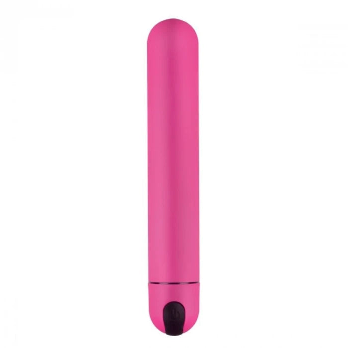 Sleek pink extra-large bullet vibrator with smooth rounded tip and black power button at base.