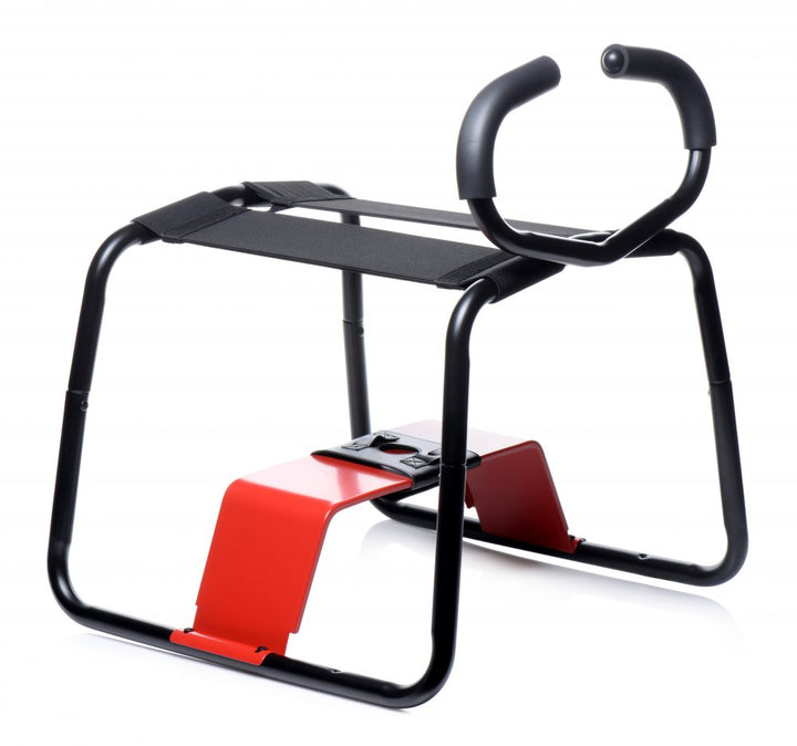 Black and red steel Bangin Bench EZ-Ride sex stool with padded handles and elastic straps for support and stability.