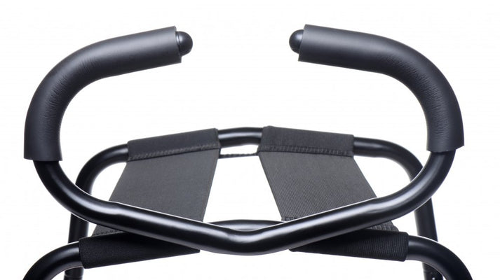 Close-up of black Bangin Bench EZ-Ride sex stool with padded handles and elastic straps on a white background.