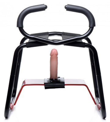 Black and red Bangin Bench EZ-Ride sex stool with padded handles and attached dildo platform on a white background.