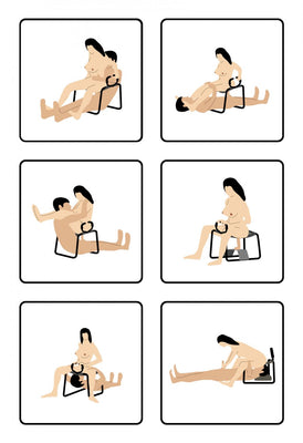Illustrations showing various intimate positions using the Bangin Bench EZ-Ride Sex Stool with handles for support and stability.