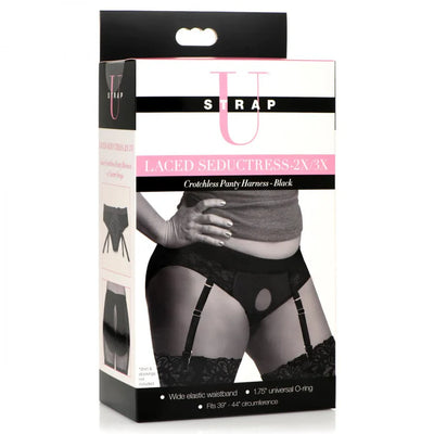 Packaging box for black crotchless panty harness with garter straps, featuring lace design and universal O-ring.