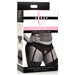 Packaging box for black crotchless panty harness with garter straps, featuring lace design and universal O-ring.