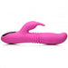 Pink silicone rabbit vibrator with textured thrusting shaft and curved clitoral stimulator.
