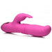 Pink silicone rabbit vibrator with textured thrusting shaft and curved clitoral stimulator on white background.