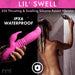 Pink Lil Swell thrusting and swelling silicone rabbit vibrator shown wet, highlighting its IPX6 waterproof feature with a woman showering.