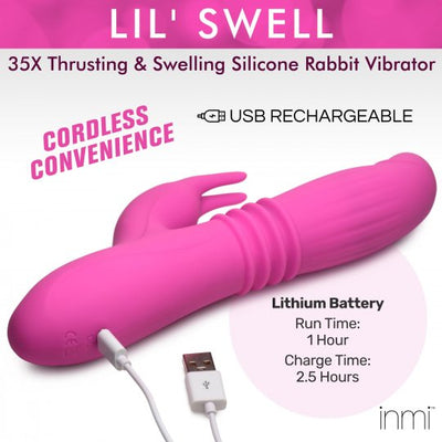 Pink cordless Lil Swell 35X thrusting and swelling silicone rabbit vibrator with USB rechargeable cable.