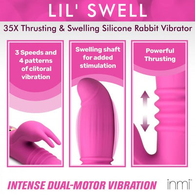 Pink silicone rabbit vibrator with swelling shaft, clitoral stimulator, and dual-motor thrusting and vibrating features.