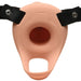 Smooth flesh-toned silicone penis sheath with black adjustable PU leather harness and metal buckles.