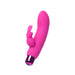 Pink silicone dual vibrator with removable rabbit-shaped sleeve and metallic base on white background.