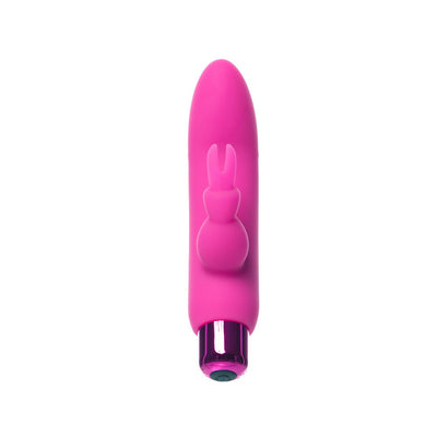 Compact pink bullet vibrator with removable silicone rabbit sleeve and metallic base button on white background.