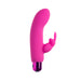 Compact pink silicone vibrator with curved tip and small rabbit-shaped clitoral stimulator, featuring a metallic base.
