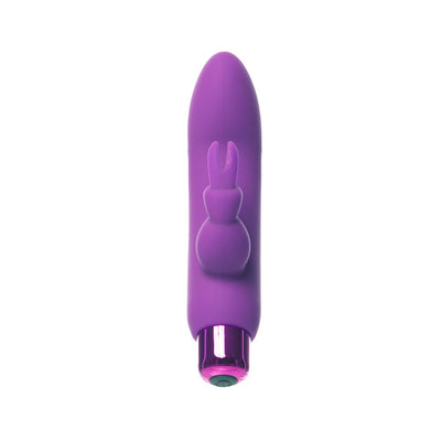 Compact purple bullet vibrator with removable silicone rabbit sleeve and metallic pink base button.