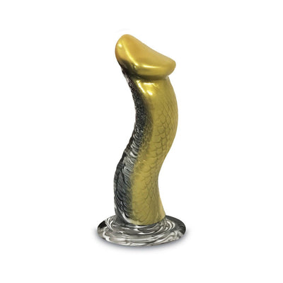 Gold and silver silicone creature dildo with textured scales and wide suction base from Alien Nation Venomus collection.
