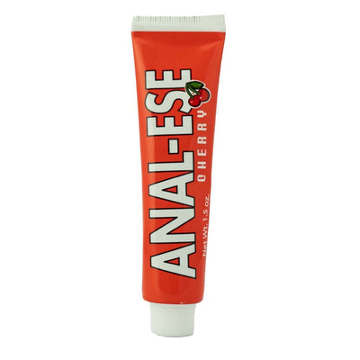 Cherry flavored lubricant in a red tube labeled Anal-Ese, 1.5 oz size with white cap.