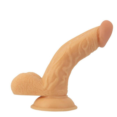 Flexible 6.5-inch curved realistic dong with textured surface and suction base in flesh tone.