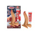 Flexible 6.5-inch curved realistic dong with suction base and cherry-flavored lubricant tube on patriotic background.