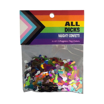 Pack of colorful confetti shaped in playful designs, featuring all 11 colors of the pride progress flag.