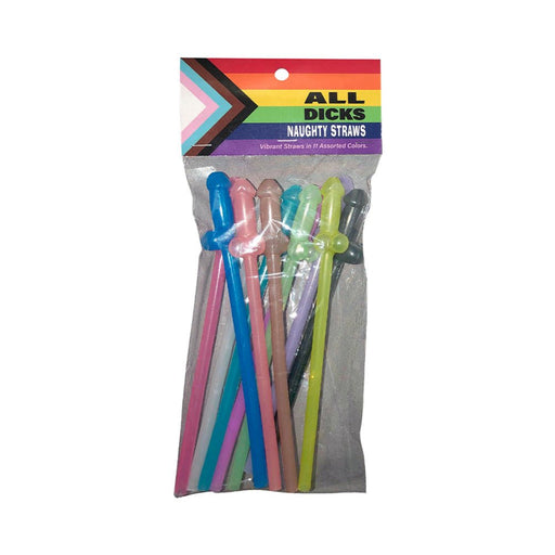 Pack of 11 colorful novelty straws in playful shapes, featuring 11 assorted vibrant colors inspired by the Progress Pride Flag.