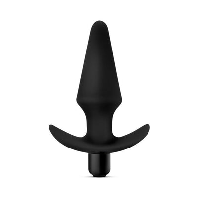 Black silicone tapered vibrating plug with wide curved base and removable bullet vibrator.