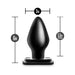 Black tapered XL anal plug with wide base, measuring 6 inches tall and 3 inches wide, 5.5 inches insertable length.