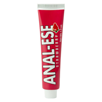 Tube of Anal Ese Strawberry flavored desensitizing lubricant, 1.5 oz, with red packaging and strawberry graphic.