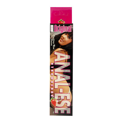 Packaging of Anal Ese Strawberry flavored desensitizing lubricant with image of a woman and strawberry graphics.