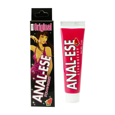 Tube and box of Anal-Ese strawberry flavored anal desensitizing cream in bright pink and black packaging.