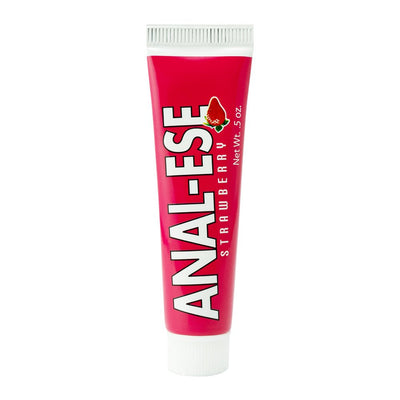 Tube of Anal-Ese strawberry-flavored anal desensitizing cream in bright red soft packaging, 0.5 oz.