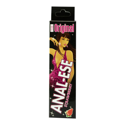 Packaging of Anal-Ese Strawberry desensitizing cream featuring an illustrated woman in a pink outfit on a black background.