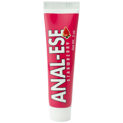 Tube of Anal-Ese strawberry flavored lubricant with red packaging and white cap, 0.5 oz size.