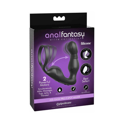 Packaging of Anal Fantasy Elite Collection Ass-Gasm Pro P Spot Stimulator in black with product image and key features on purple background.