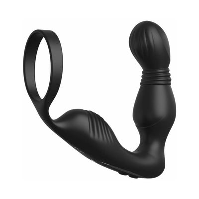 Black ergonomic prostate stimulator with textured curved tip and attached ring for enhanced support and pleasure.
