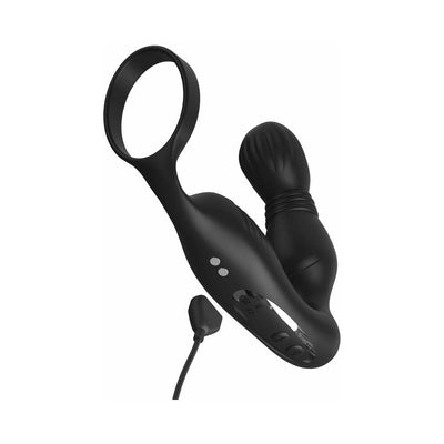 Black ergonomic prostate stimulator with built-in c-ring and charging cable, designed for targeted P-spot and perineum massage.
