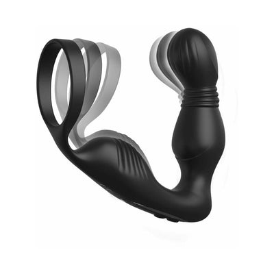 Black ergonomic prostate stimulator with flexible c-ring and curved tip shown in motion demonstration.