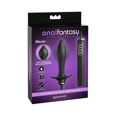 Packaging of Anal Fantasy Elite Collection Auto Throb Inflatable Vibrating Plug in black with remote control and product features.