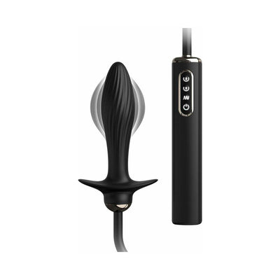 Black inflatable vibrating anal plug with textured surface and wired remote control with buttons.