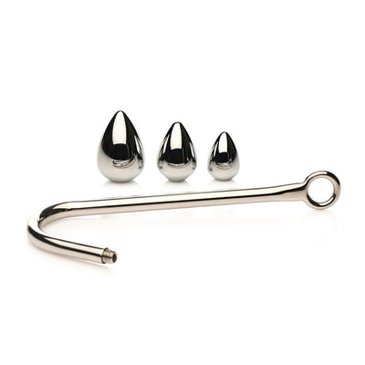 Set of three polished silver tapered plugs with a detachable stainless steel hook featuring an O-ring handle.