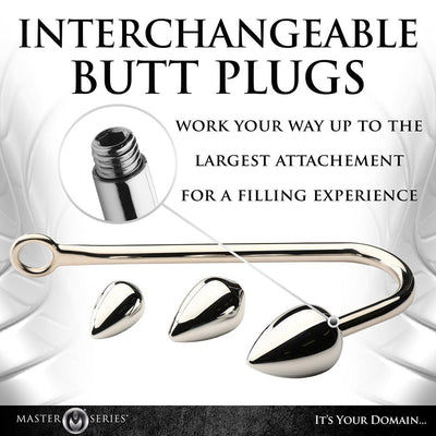 Silver stainless steel anal hook with three interchangeable aluminum alloy plugs in small, medium, and large sizes.