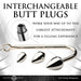 Silver stainless steel anal hook with three interchangeable aluminum alloy plugs in small, medium, and large sizes.