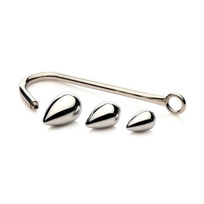 Set of three polished aluminum alloy plugs with a detachable stainless steel anal hook featuring an O-ring handle.