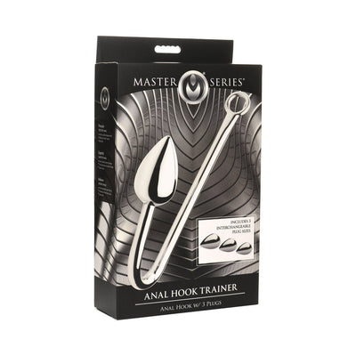 Master Series Anal Hook Trainer packaging showing a stainless steel hook and three interchangeable aluminum alloy plugs in varying sizes.