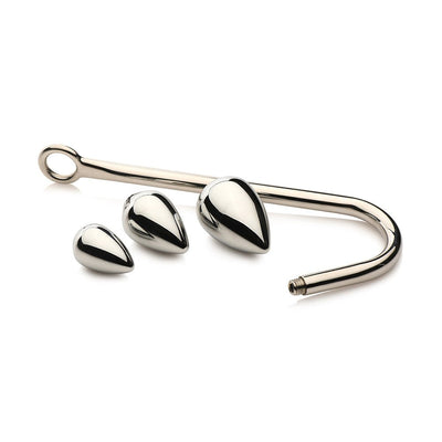 Silver stainless steel anal hook with three detachable tapered plugs in small, medium, and large sizes on white background.