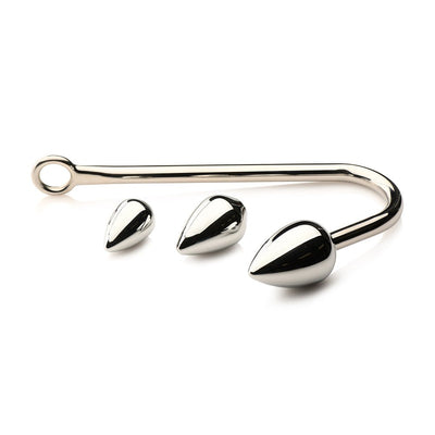 Silver stainless steel anal hook with three interchangeable tapered aluminum plugs in small, medium, and large sizes.